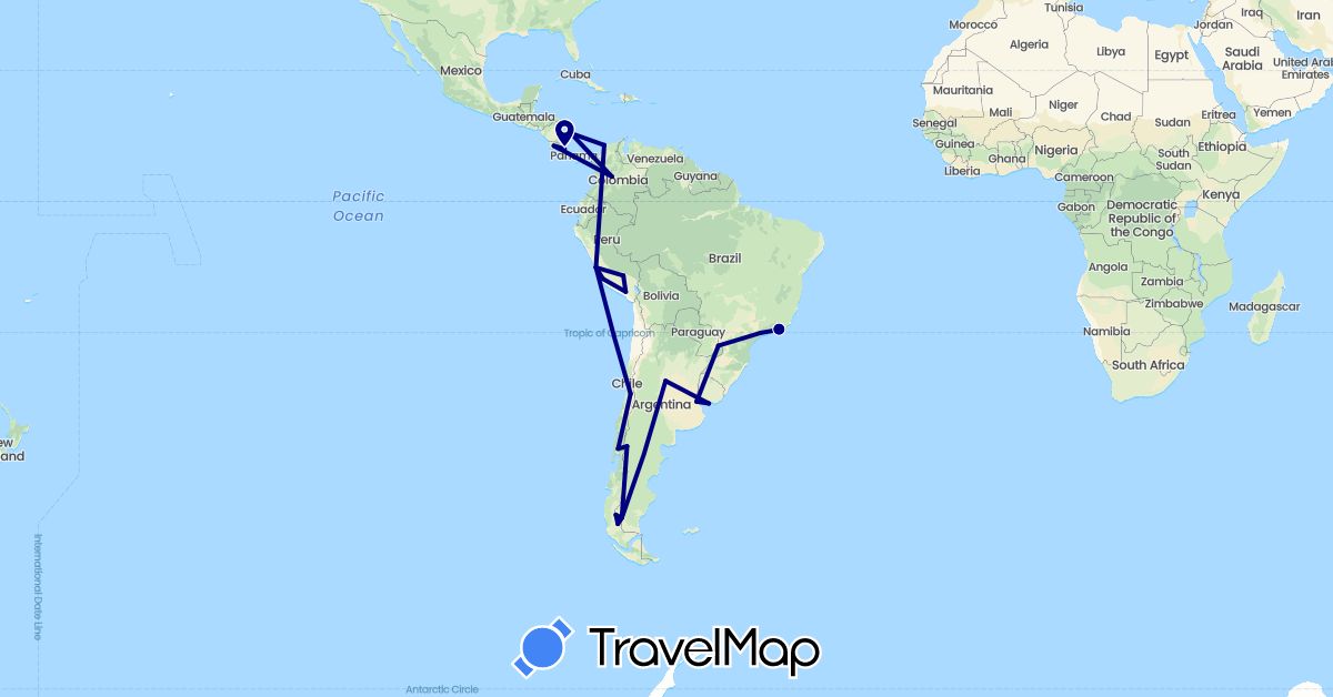 TravelMap itinerary: driving in Argentina, Brazil, Chile, Colombia, Costa Rica, Peru, Uruguay (North America, South America)